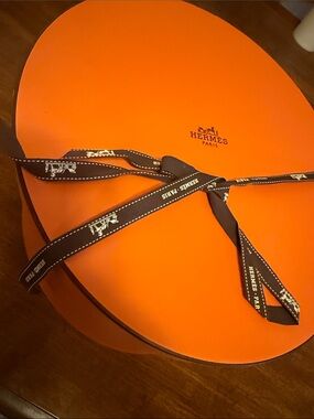 Hermes Orange Round Gift Box with Brown Ribbon
